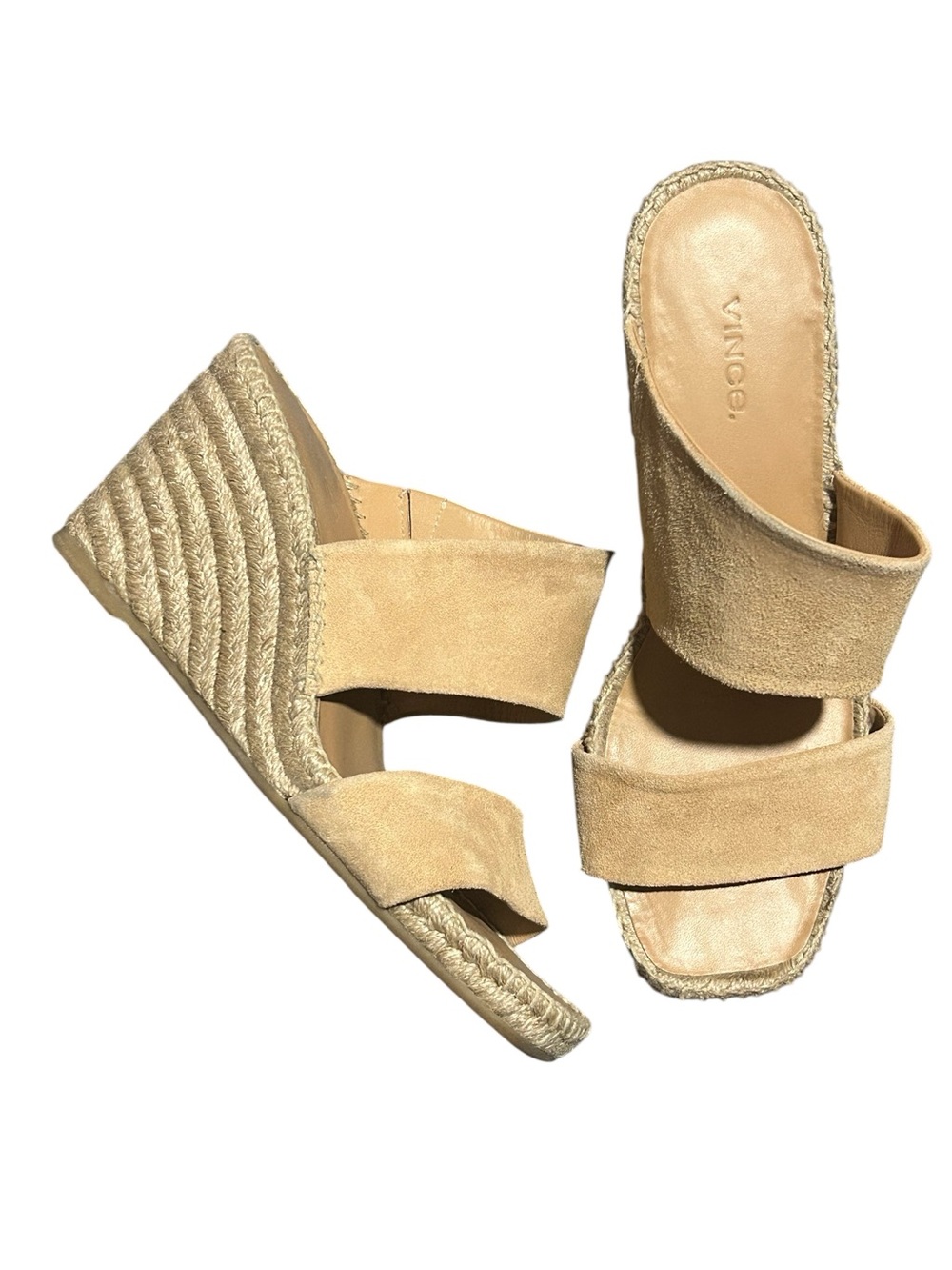 VInce Garlin Cappuccino Suede Espadrille Square Toe Wedge Sandals - 7.5 Medium